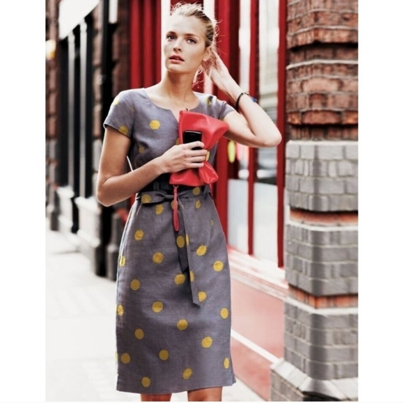 Boden Dresses & Skirts - Boden Womens Dress Sz 6 Gray Yellow Polka Dot Belted Sheath Cotton Linen Preppy